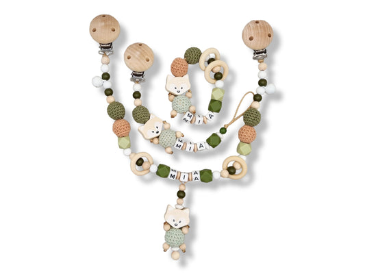 Schnullerkette Kinderwagenkette Greifring mit Namen Spar Set Fuchs
