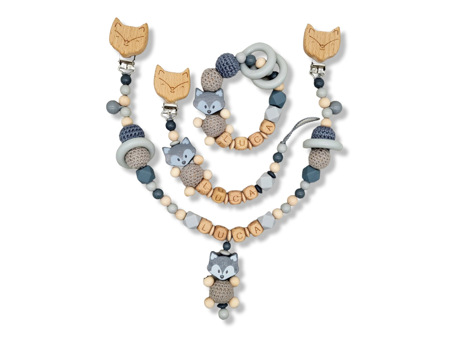 Schnullerkette Kinderwagenkette Greifring mit Namen - Spar Set - Fuchs-Grau Natur