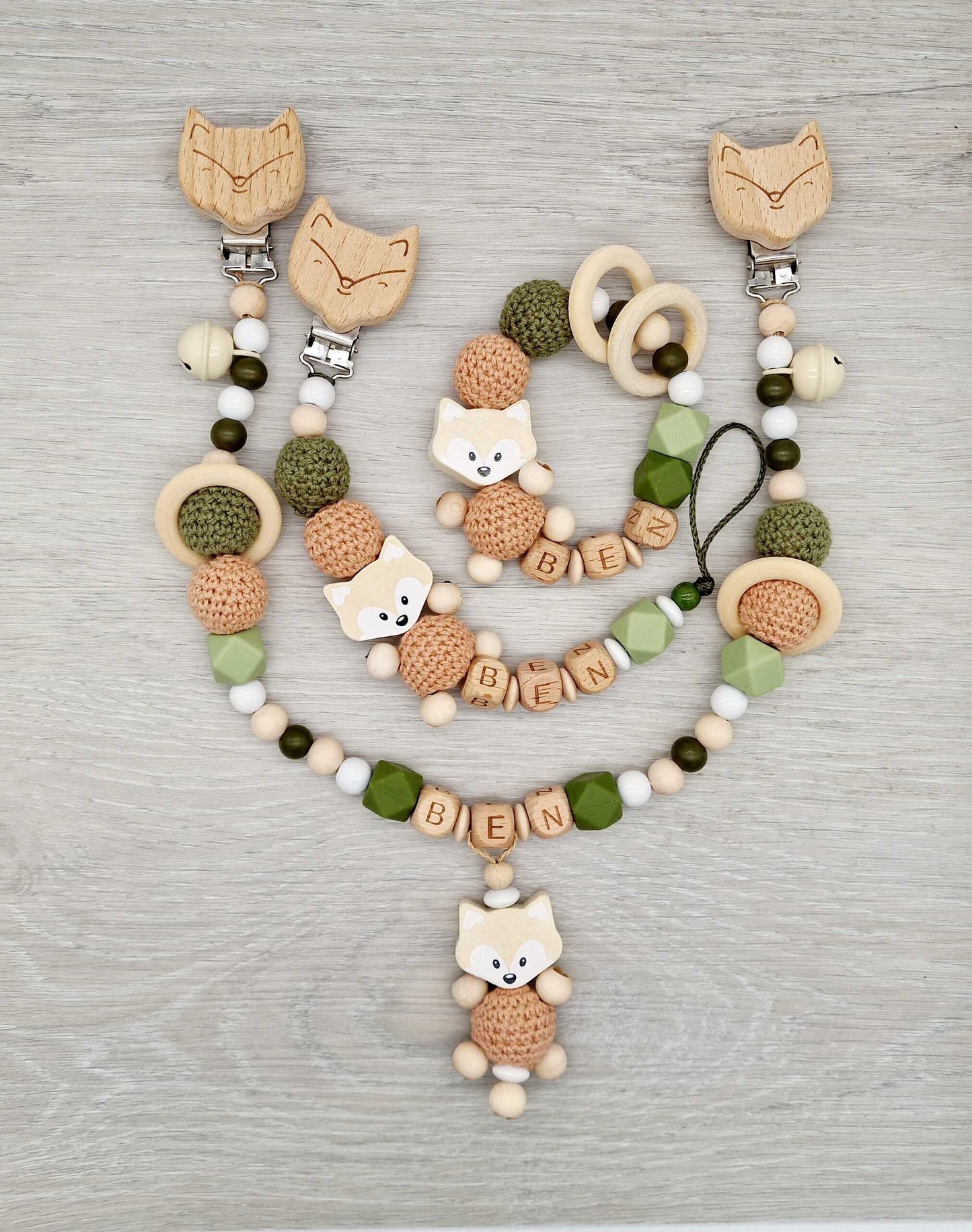 Schnullerkette Kinderwagenkette Greifring mit Namen Spar Set Fuchs