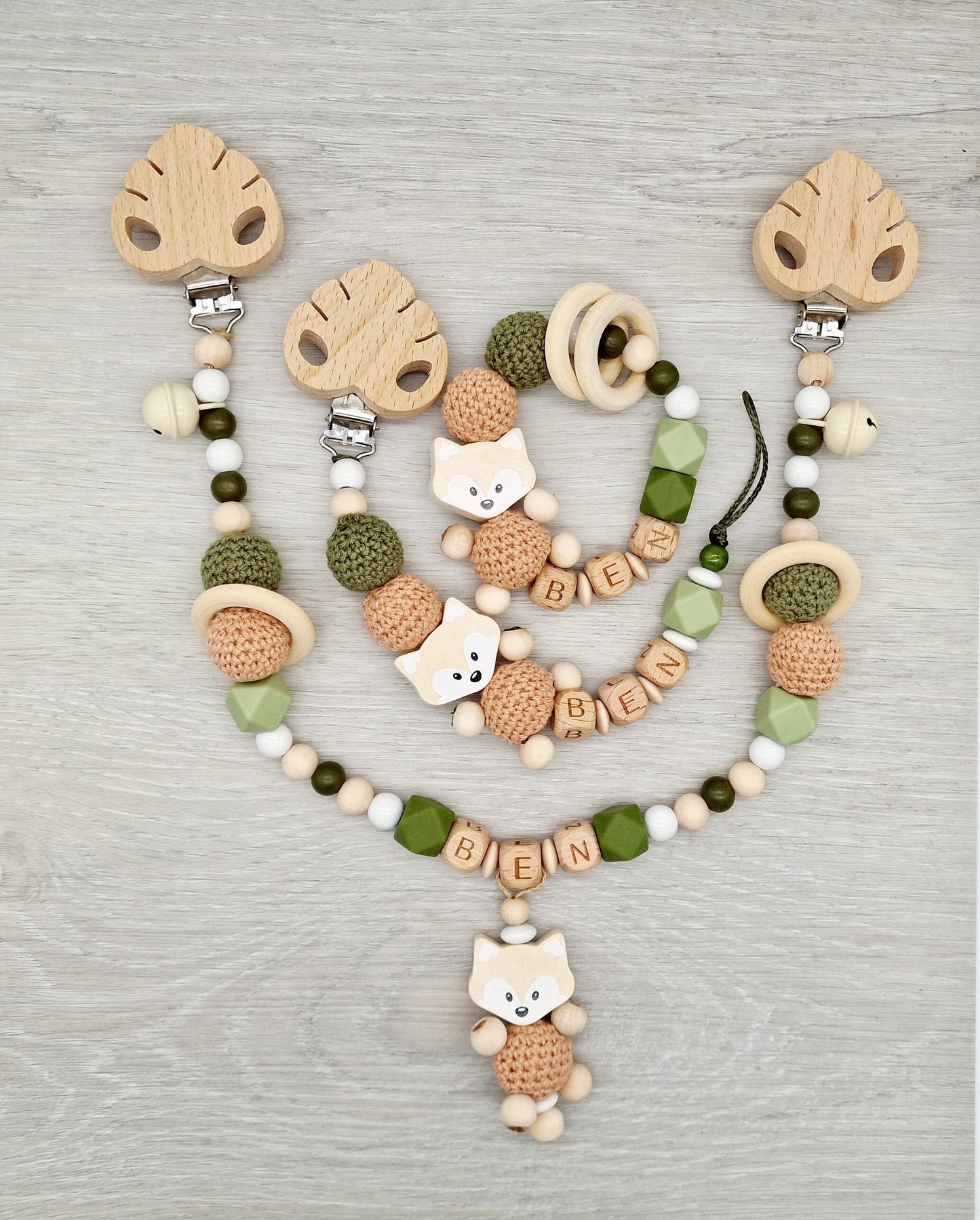 Schnullerkette Kinderwagenkette Greifring mit Namen Spar Set Fuchs