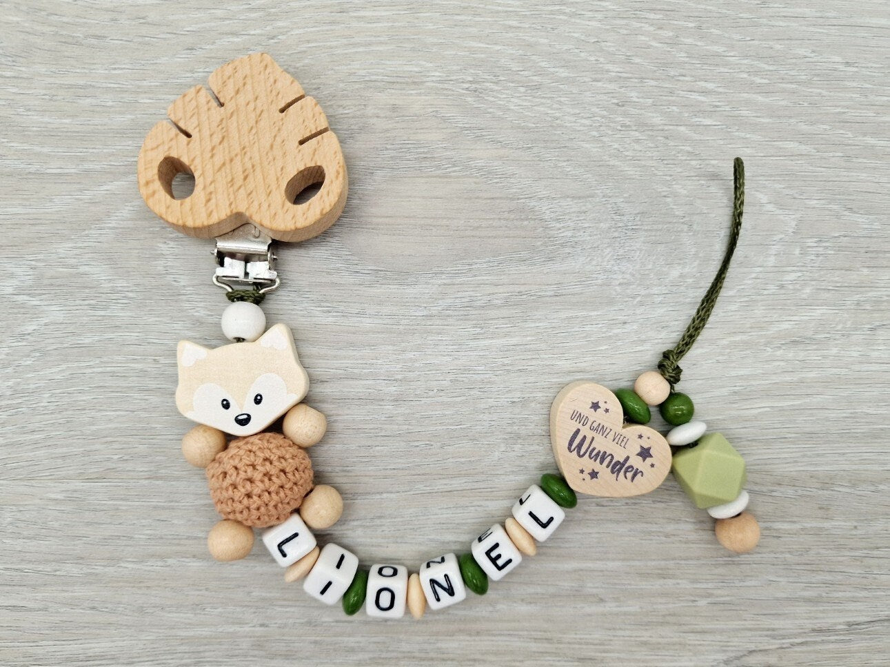 Fuchs Schnullerkette mit Namen  Ein bisschen Mama,  ein bisschen Papa und ganz viel Wunder