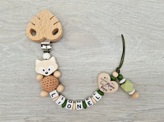 Fuchs Schnullerkette mit Namen  Ein bisschen Mama,  ein bisschen Papa und ganz viel Wunder