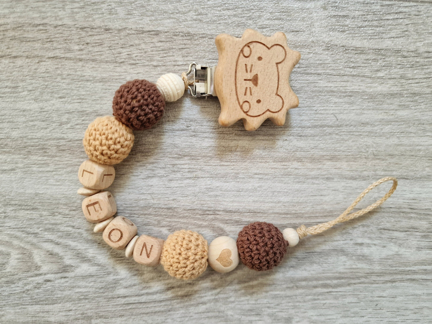 Schnullerkette nach deinem Wunsch Herz  Natur Braun Geschenk zur Geburt Junge Mädchen