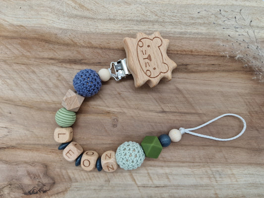 Schnullerkette mit Namen Löwe , Natur, dunkel Grau, Lint , Wunsch Clip