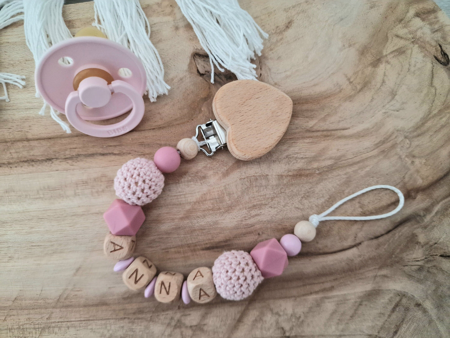 Schnullerkette mit Namen Herz , Natur, Blush, Wunsch Clip
