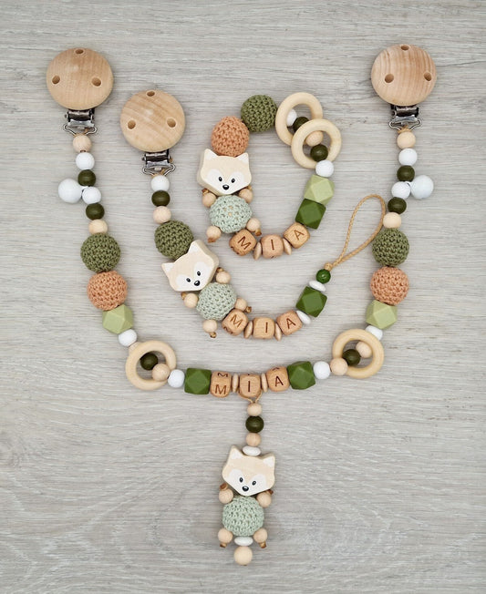 Spar Set 3 teilig  | Fuchs Schnullerkette mit Namen |  Greifling mit Namen |  Natur Lint Navy Geschenk zur Geburt  | Junge |  Mädchen