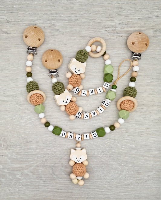 Spar Set 3 teilig  | Fuchs Schnullerkette mit Namen |  Greifling mit Namen |  Natur Lint Navy Geschenk zur Geburt  | Junge |  Mädchen