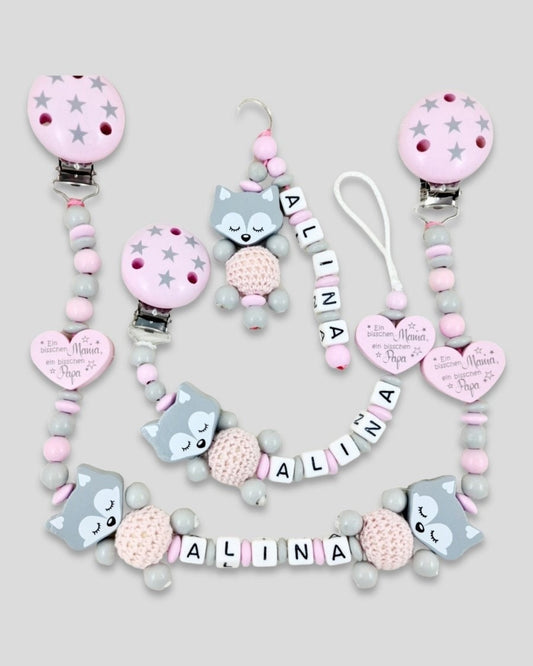 Spar Set 3 teilig  | Fuchs Schnullerkette mit Namen |  Greifling mit Namen |  Natur Lint Navy Geschenk zur Geburt  | Junge |  Mädchen