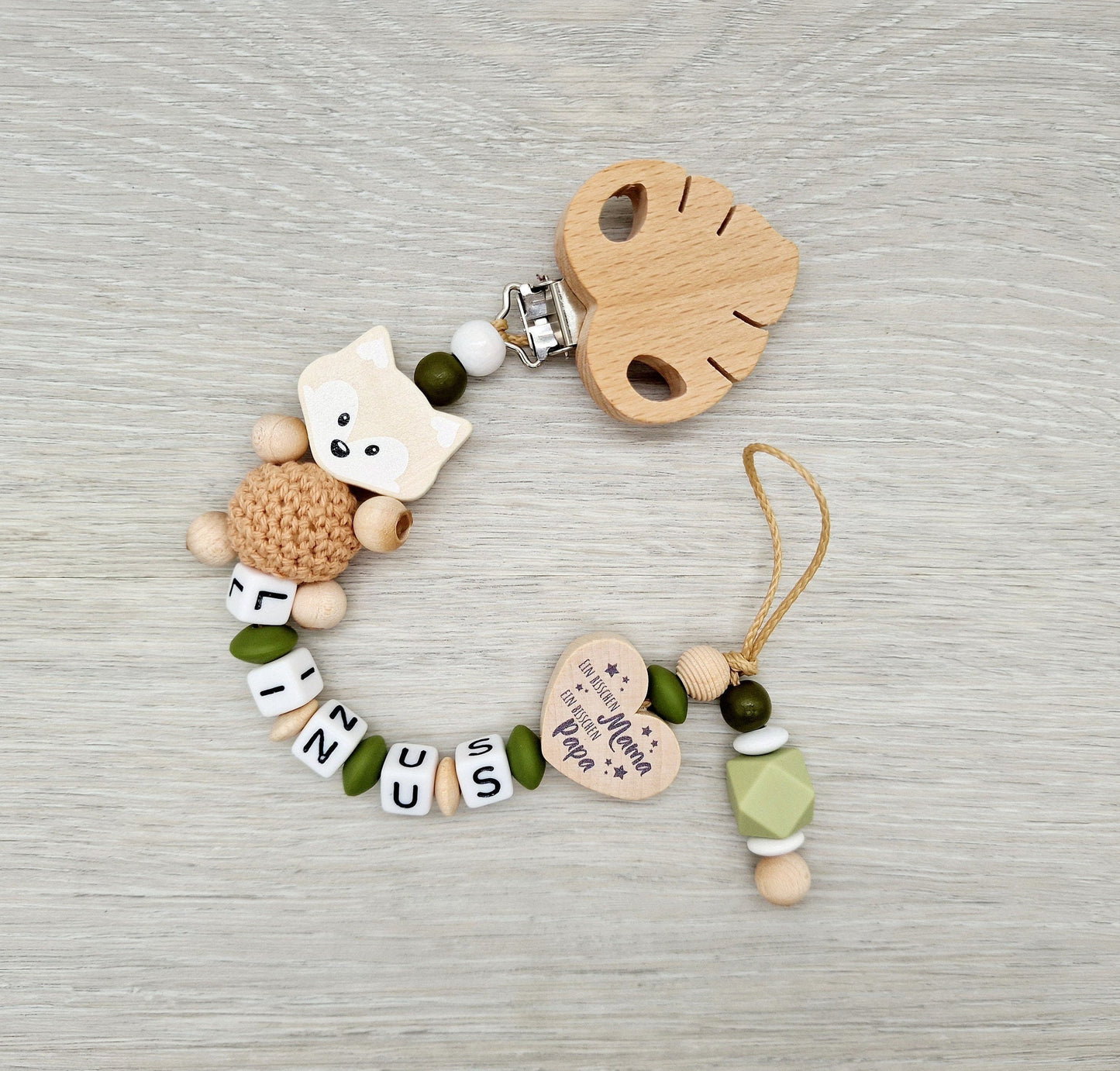 Fuchs Schnullerkette mit Namen  Ein bisschen Mama,  ein bisschen Papa und ganz viel Wunder  |  Wenn aus Liebe Leben wird ..