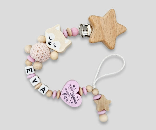 Schnullerkette mit Namen - Fuchs-Rosa-Natur- Geschenk zur Geburt- Ein bisschen Mama, ein bisschen Papa und ganz viel Wunder
