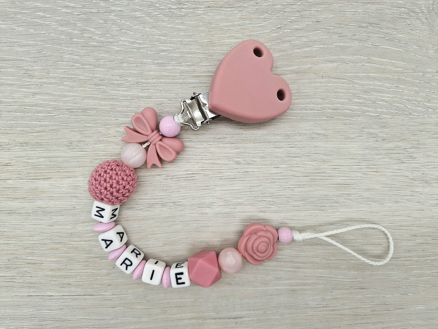 Schnullerkette mit Namen Natur Rosa Blush Holz Silikon Mädchen Geschenk zur Geburt Babyparty