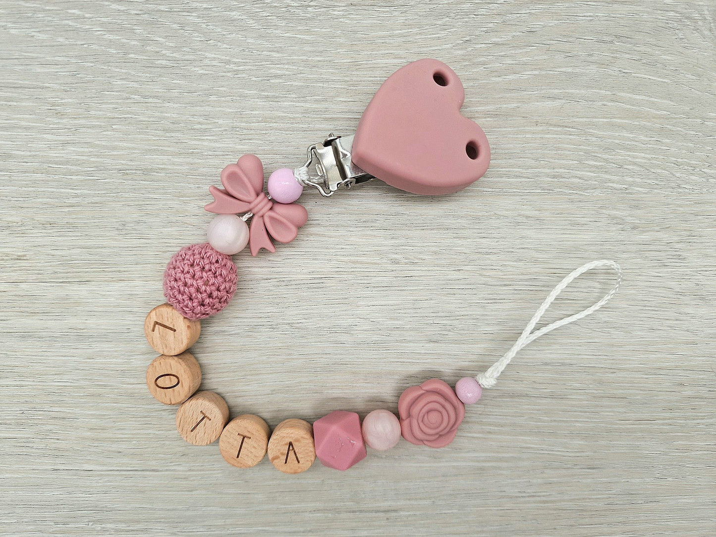 Schnullerkette mit Namen Natur Rosa Blush Holz Silikon Mädchen Geschenk zur Geburt Babyparty