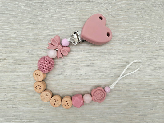 Schnullerkette mit Namen Natur Rosa Blush Holz Silikon Mädchen Geschenk zur Geburt Babyparty