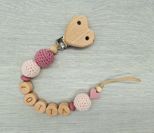 Schnullerkette mit Namen Natur Rosa Blush Holz Silikon Mädchen Geschenk zur Geburt Babyparty