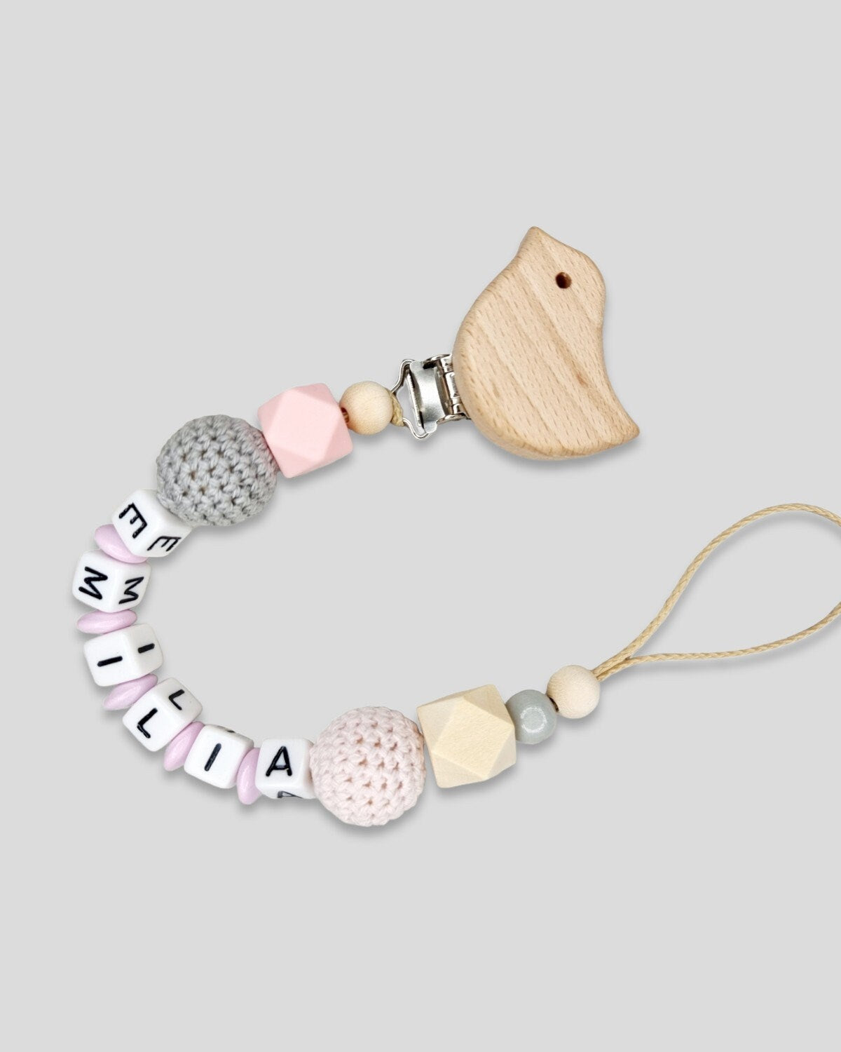 Schnullerkette nach deinem Wunsch Lint Weiß Natur Geschenk zur Geburt Junge Mädchen