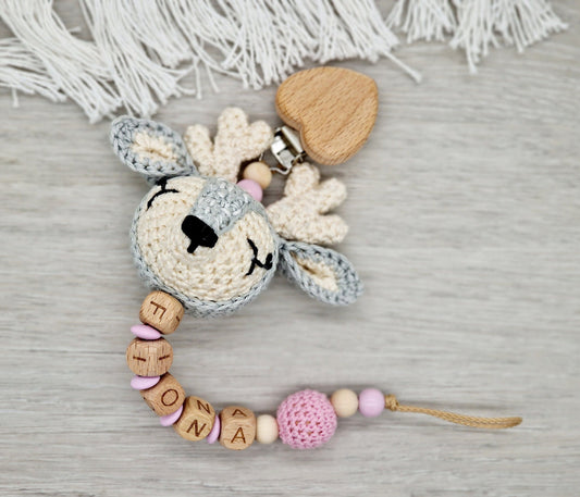 Schnullerkette mit Namen Reh | Häkeltier Reh | Schildkröte | Hase | Geschenk zur Geburt | Mädchen | Junge | individualisierbar