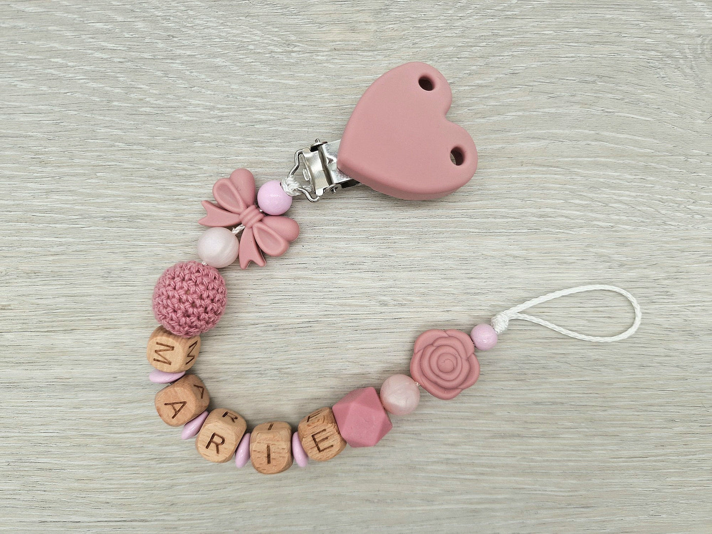 Schnullerkette mit Namen Natur Rosa Blush Holz Silikon Mädchen Geschenk zur Geburt Babyparty