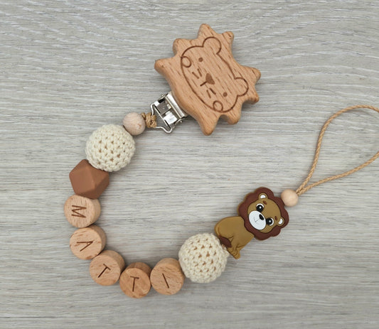 Schnullerkette mit Namen Personalisiert   Natur Löwe Fuchs  Holz Silikon Mädchen Geschenk zur Geburt Babyparty
