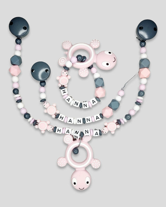 Spar Set 3 teilig  |  Schnullerkette mit Namen Schildkröte|  Greifling mit Namen | Geschenk zur Geburt  | Junge |  Mädchen | Silikon