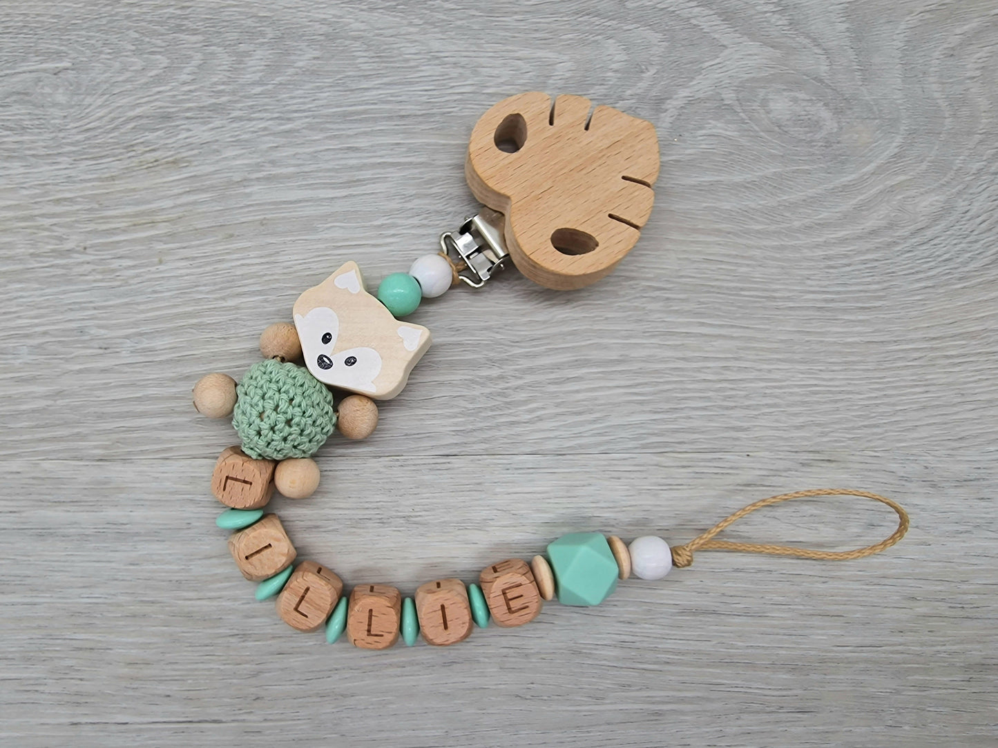 Fuchs Schnullerkette mit Namen  Ein bisschen Mama,  ein bisschen Papa und ganz viel Wunder