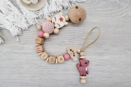 Schnullerkette mit Namen Reh , Wolke , Geschenk zur Geburt Holz Blush