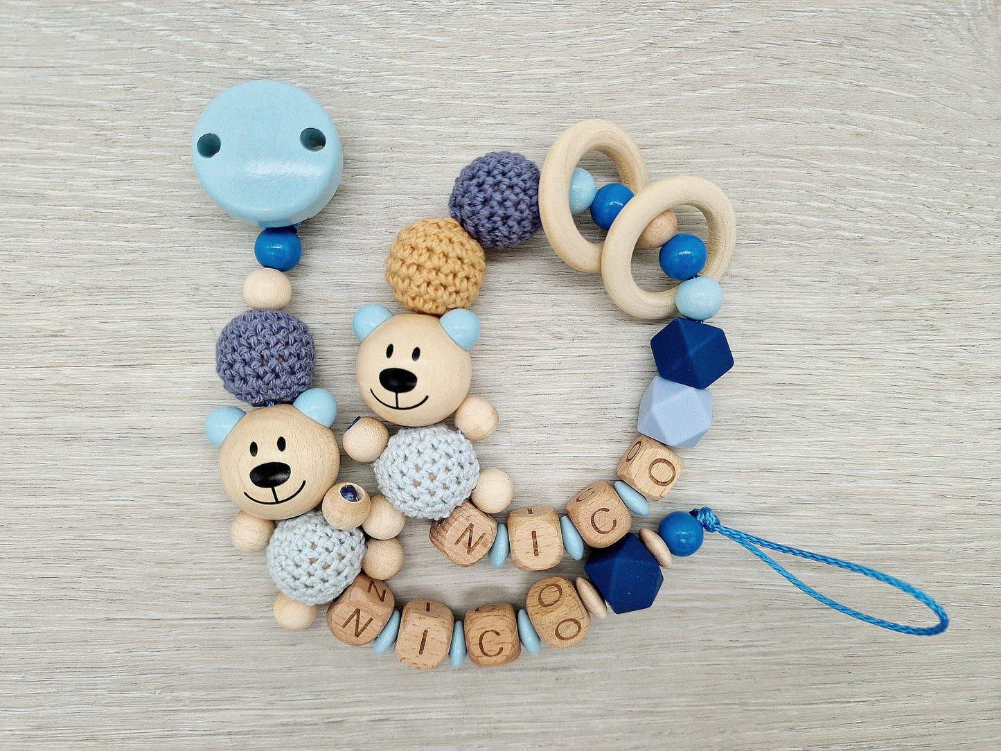 Schnullerkette Greifring mit Namen |Bär | Geschenk zur Geburt | Junge | Mädchen