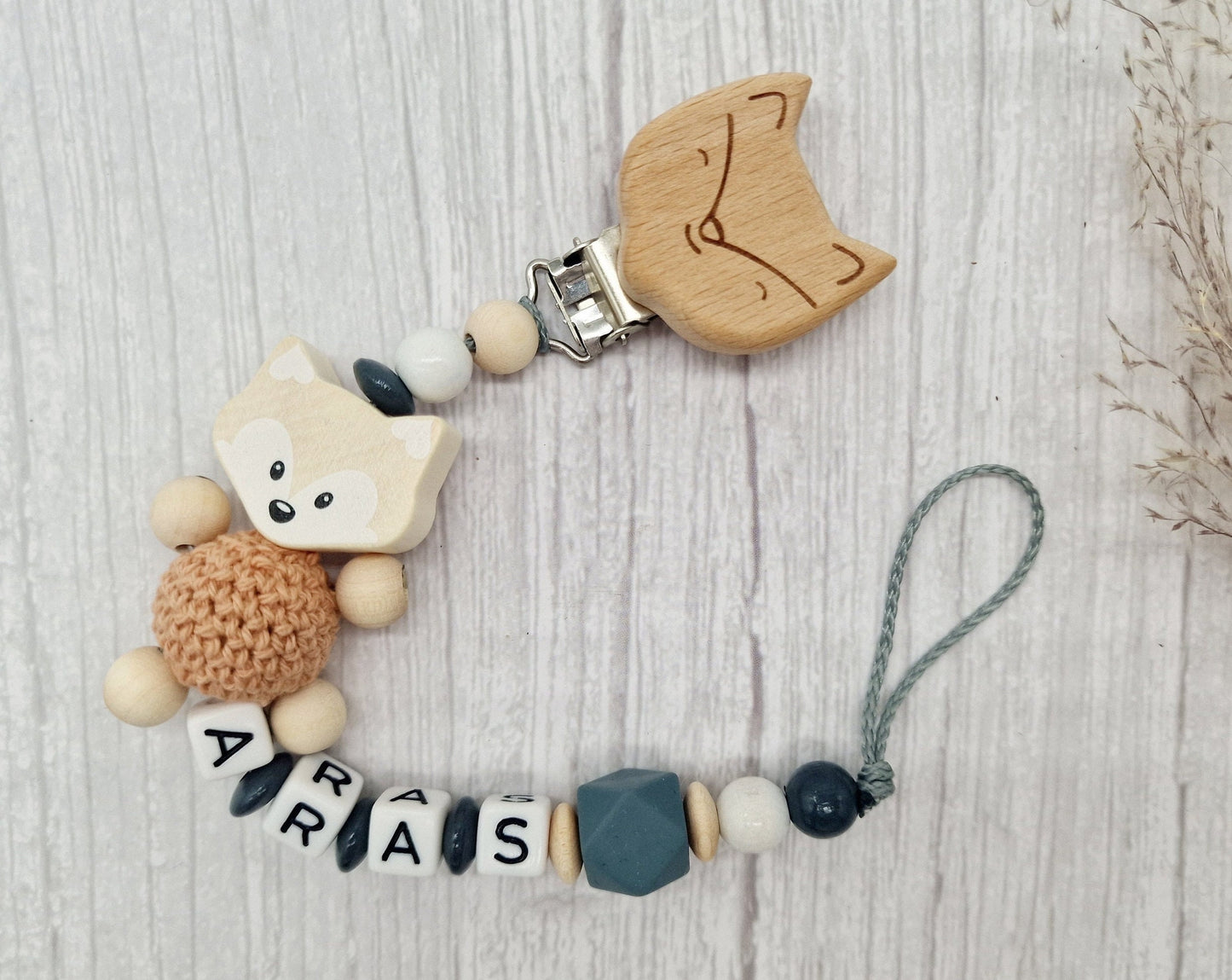 Schnullerkette mit Namen Fuchs  Geschenk zur Geburt