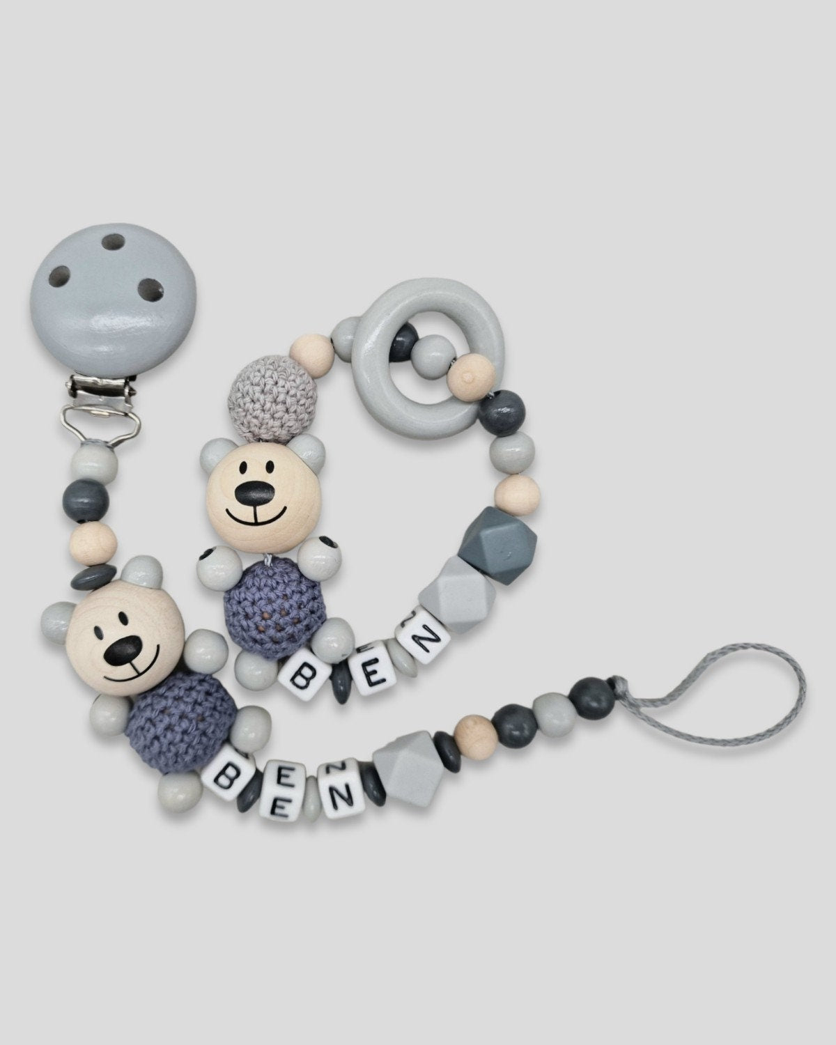 Schnullerkette Greifring mit Namen |Bär | Geschenk zur Geburt | Junge | Mädchen
