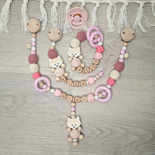 Spar Set 3 teilig  | Fuchs Schnullerkette mit Namen |  Greifling mit Namen |  Geschenk zur Geburt  | Junge |  Mädchen