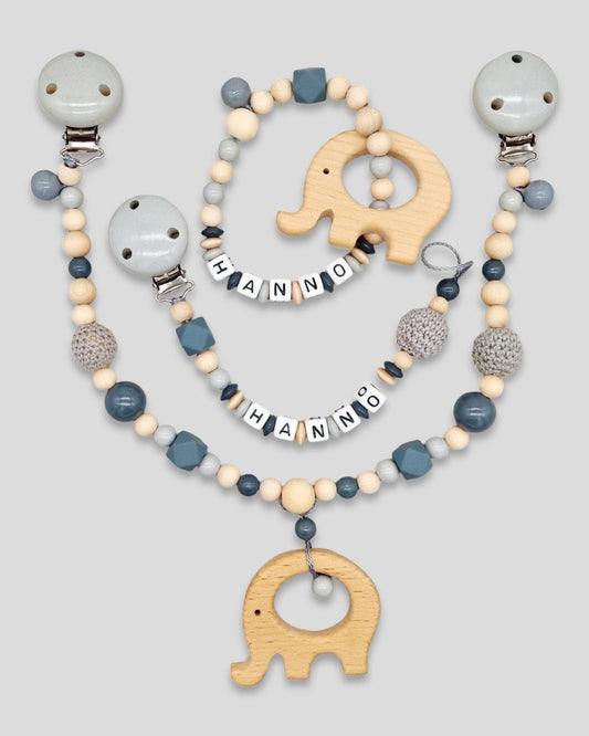 Spar Set 3 teilig  | Elefant Schnullerkette mit Namen |  Greifring mit Namen |  Natur Lint Geschenk zur Geburt  | Junge |  Mädchen