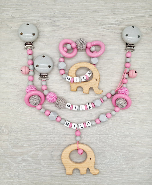 Spar Set 3 teilig  | Elefant Schnullerkette mit Namen |  Greifling mit Namen |  Natur Rosa Geschenk zur Geburt  | Junge |  Mädchen